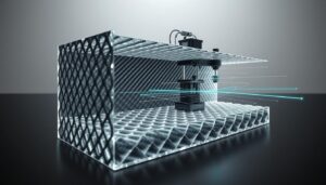 A cross-section of a high-strength, lightweight composite material, showcasing its internal structure and material properties. In the foreground, intricate lattice-like patterns of carbon fibers intertwine, their delicate yet rigid form visible under crisp, directional lighting. In the middle ground, the material's exceptional strength is highlighted by the inclusion of stress-testing equipment, with applied forces visually represented through dynamic lines and vectors. The background features a muted, minimalist environment, allowing the material's unique qualities to take center stage. The overall mood is one of scientific precision and engineering innovation, capturing the essence of a revolutionary new material. AI-Developed Material