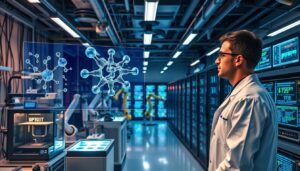 A cutting-edge laboratory, filled with state-of-the-art equipment and bustling activity. In the foreground, a scientist in a white lab coat stands before a holographic display, examining molecular structures and simulations of a new material. In the middle ground, advanced 3D printers and robotic arms manipulate and test samples, while in the background, rows of high-performance computing rigs crunch data, their screens flickering with complex algorithms. The lighting is a mix of warm, focused task lighting and cool, ambient illumination, creating a dynamic, futuristic atmosphere. The scene conveys the synergy of human expertise and AI-driven innovation, driving the boundaries of material science forward. AI-Developed Material